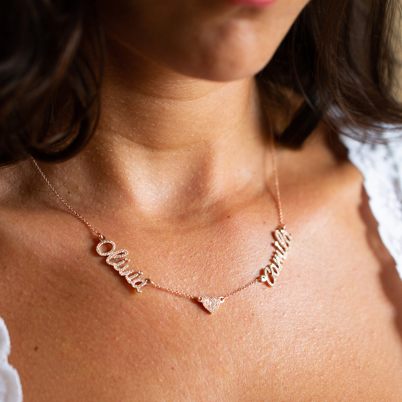 Double Name Necklace With a Diamond Heart