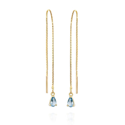 These dainty 14K solid gold wedding earrings are the perfect Aquamarine blue chain dangle threader earrings.
