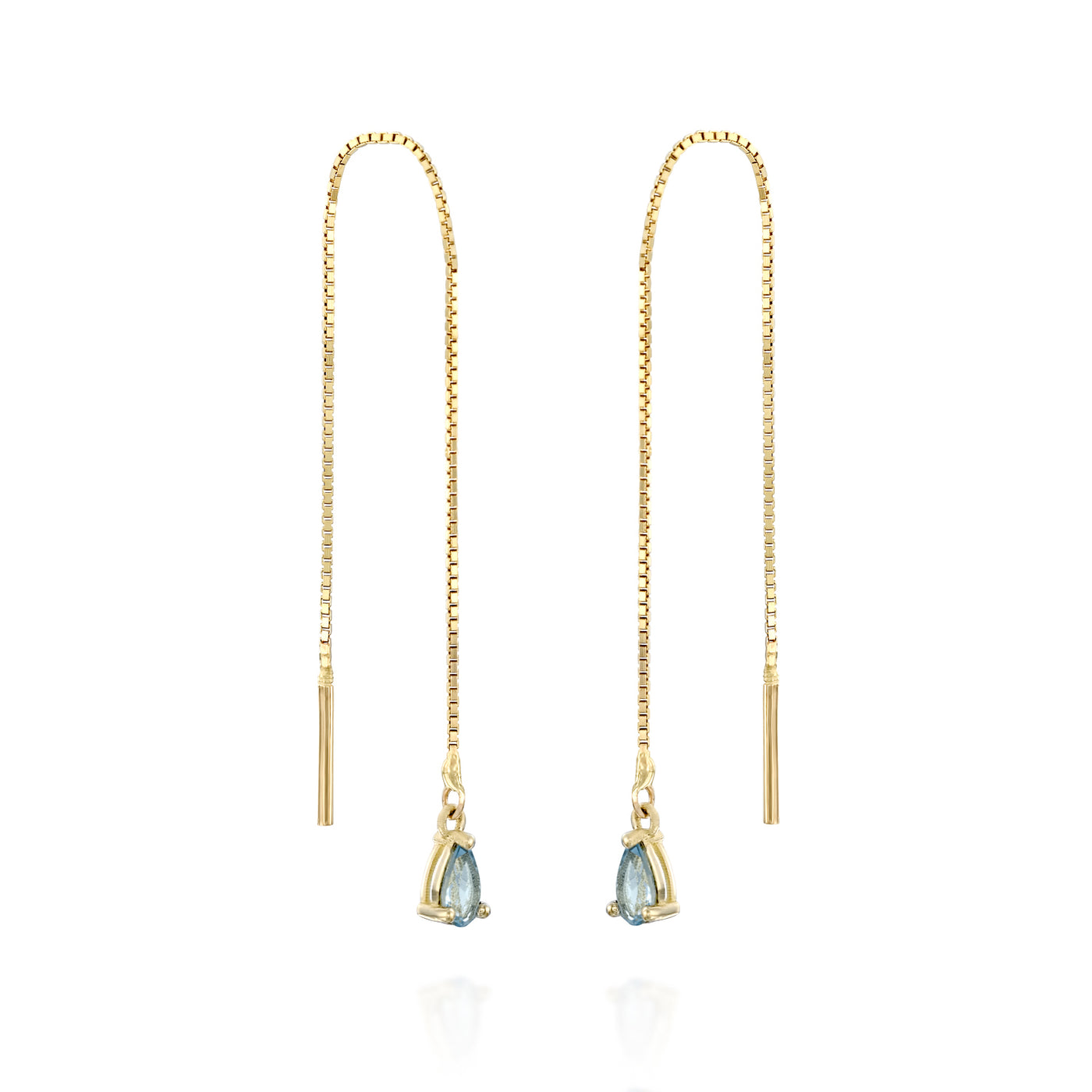 These dainty 14K solid gold wedding earrings are the perfect Aquamarine blue chain dangle threader earrings.