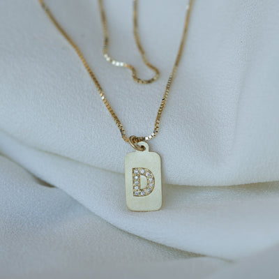 Custom diamond initial 14K yellow gold bar necklace