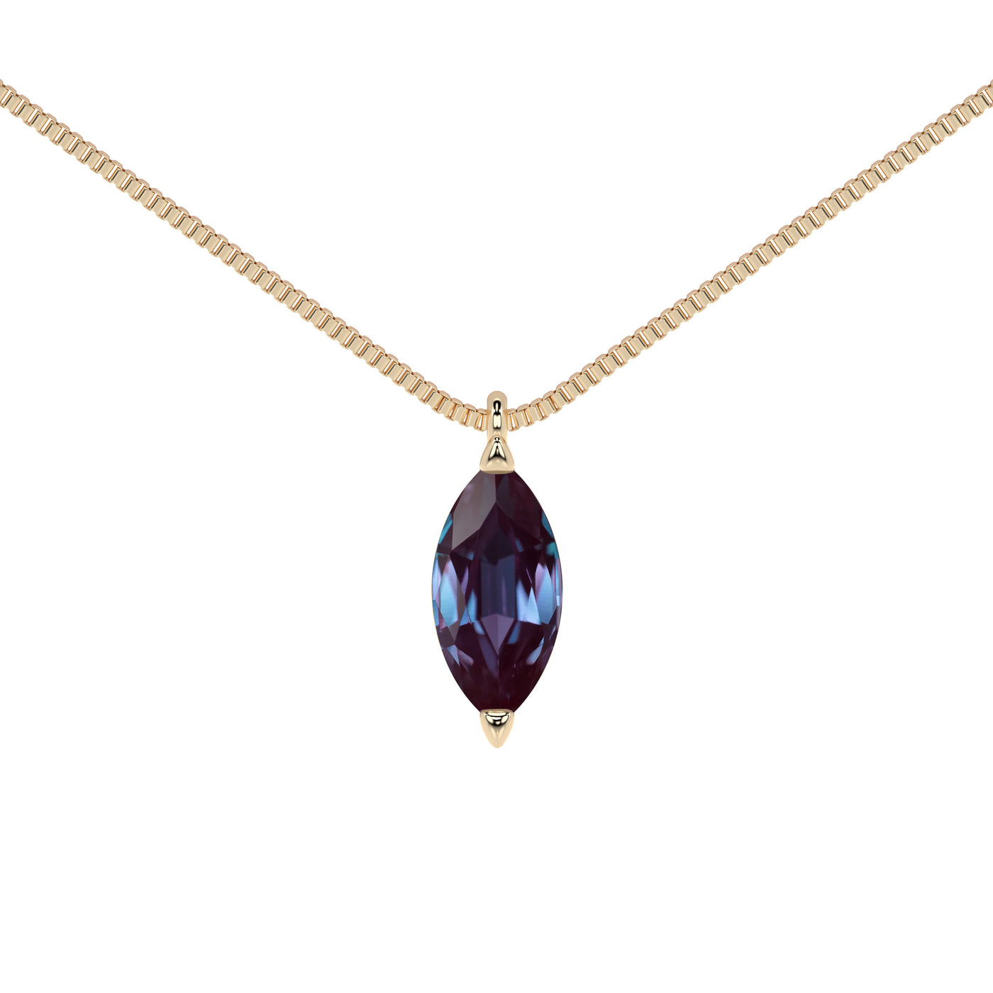 Alexandrite Necklace with in 14k yellow gold pendant on a white background
