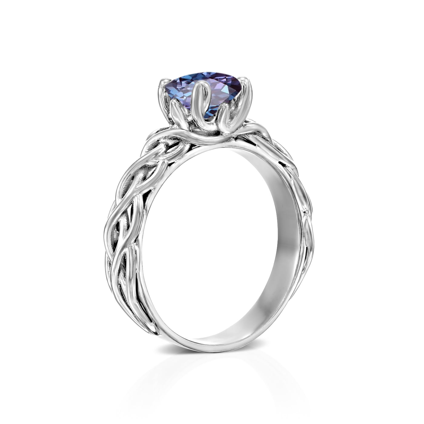 white gold knot ring with a purple gemstone on a white background
