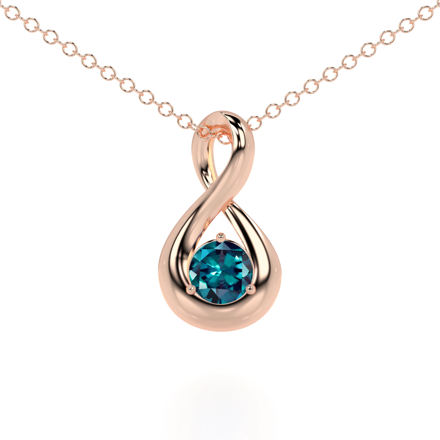 Rose gold pendant with a blue gemstone on a white background