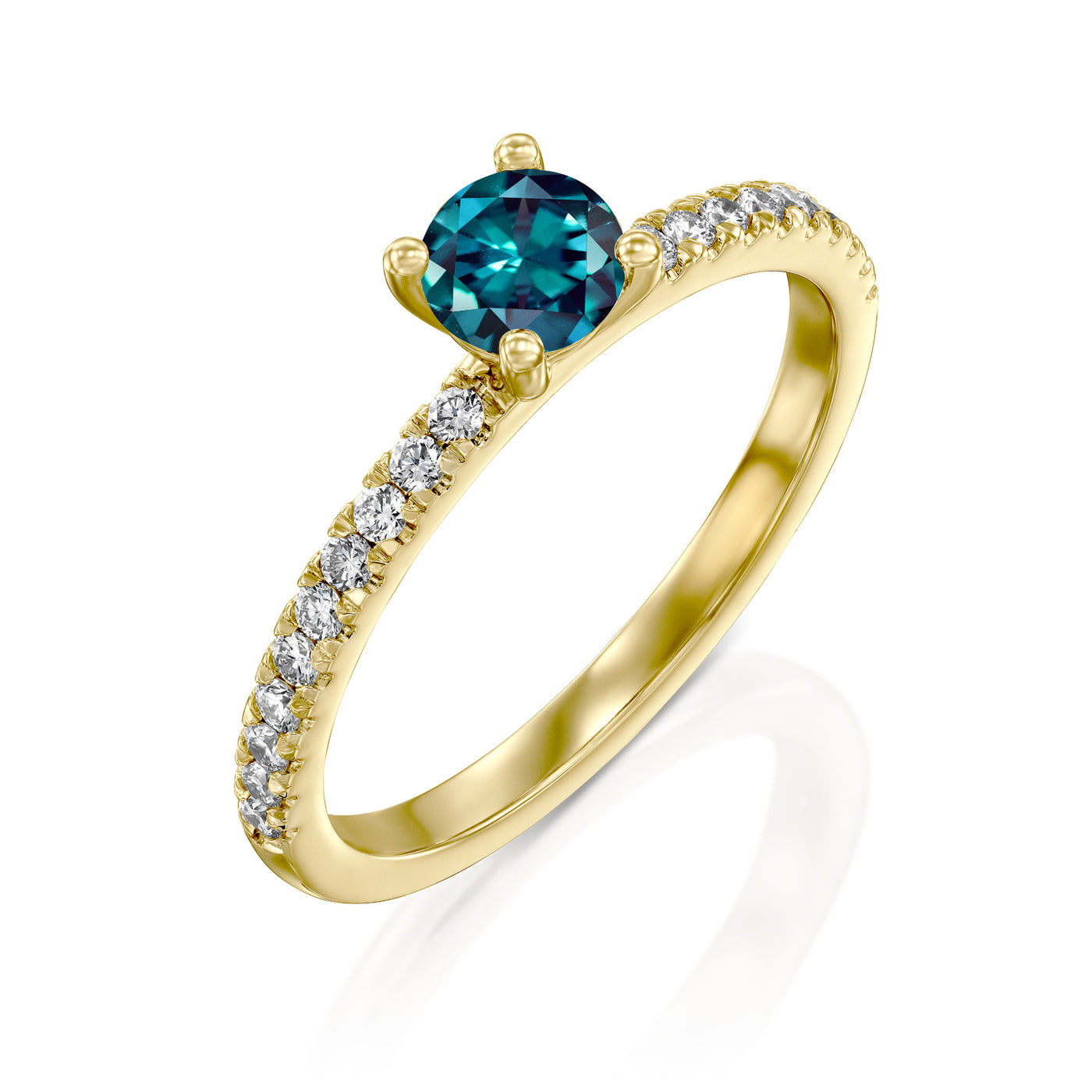 Gold ring with an alexandrite gemstone and diamond accents on a white background