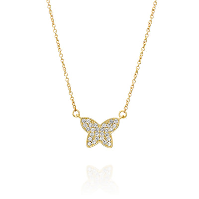 14K gold butterfly diamond necklace displayed on a white background.
