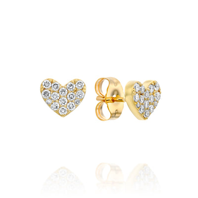 Heart-shaped 14k yellow gold earrings with diamonds on a white background