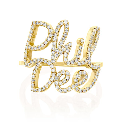 double name ring in 14K yellow gold set with diamonds