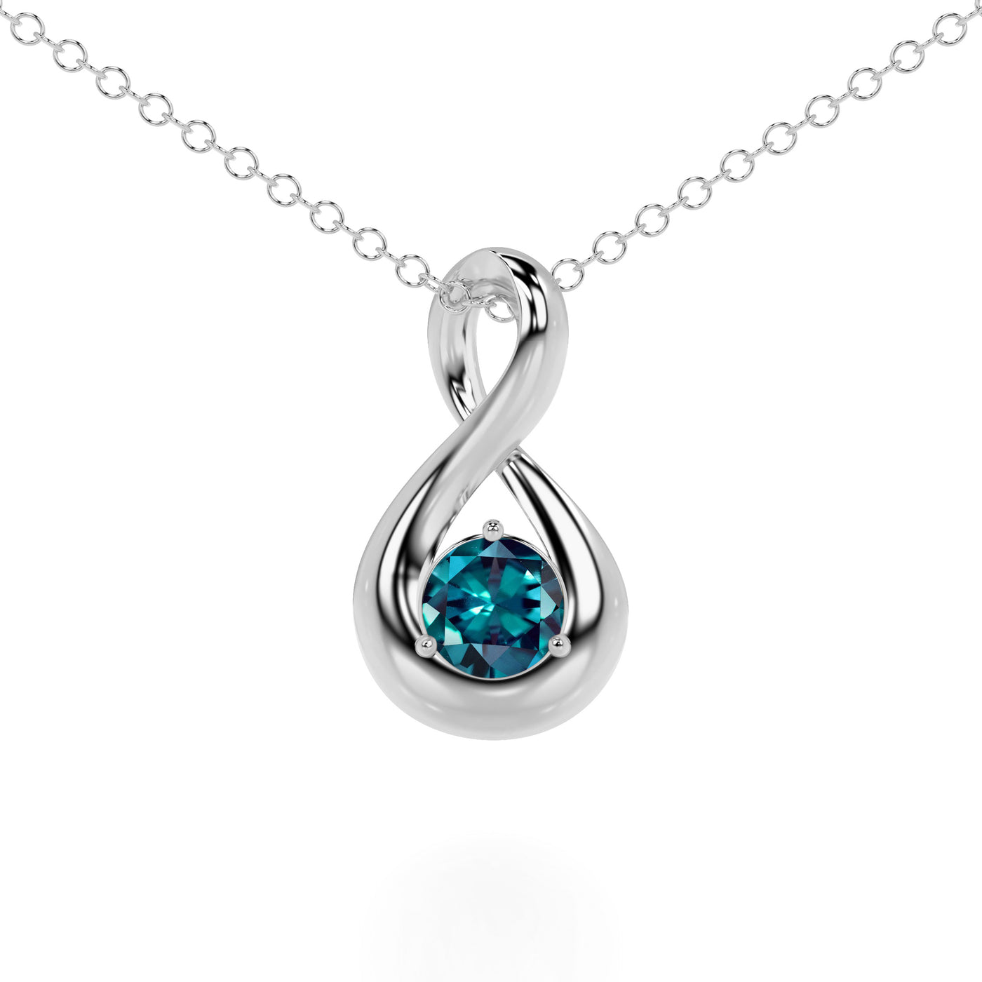 white gold infinity necklace with alexandrite  on a white background