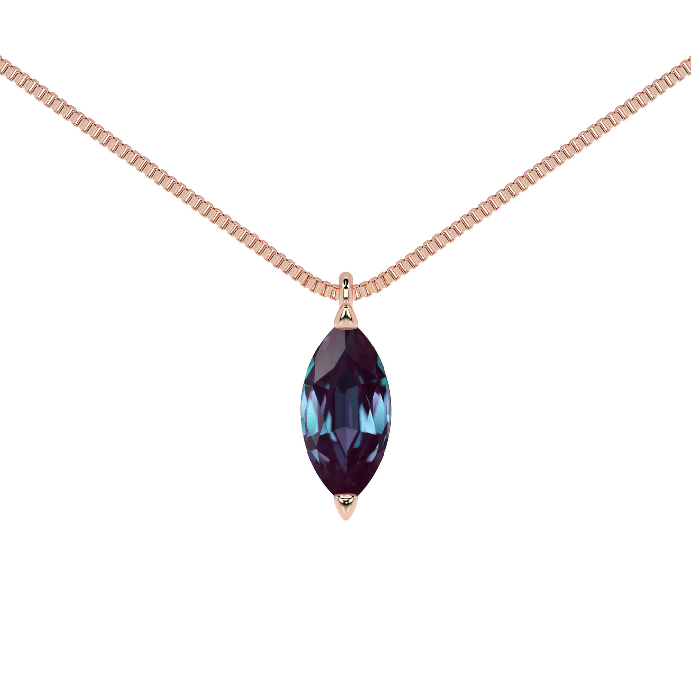Necklace with a marquise-shaped alexandrite birthstone gemstone in rose gold pendant on a white background