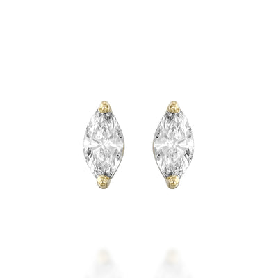Pair of marquise-shaped diamond earrings with gold prongs on a white background