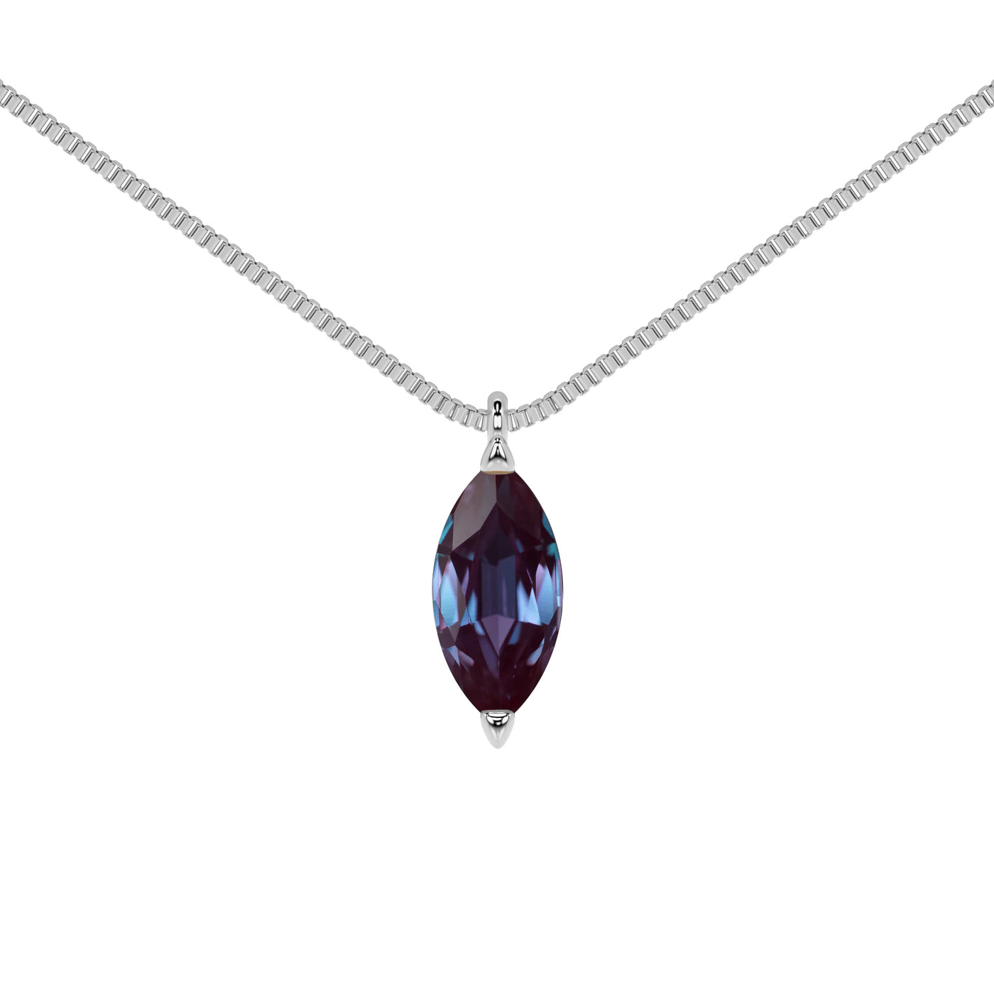 Necklace with a marquise-cut alexandrite pendant in white gold on a white background