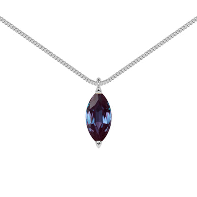Necklace with a marquise-cut alexandrite pendant in white gold on a white background