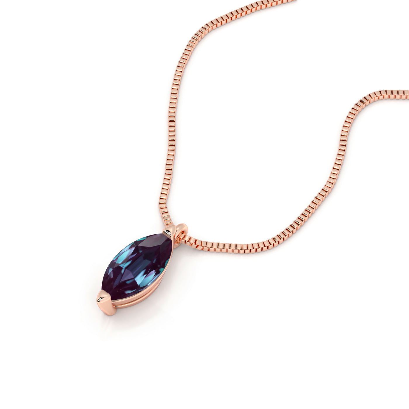 Rose gold necklace with a blue gemstone on a white background