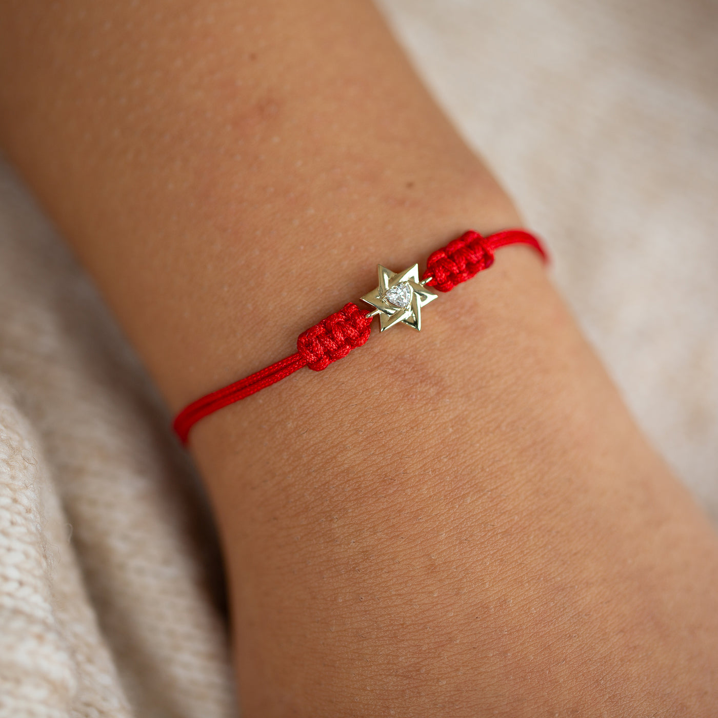 14K Gold Star Of David With a Diamond Red String Bracelet