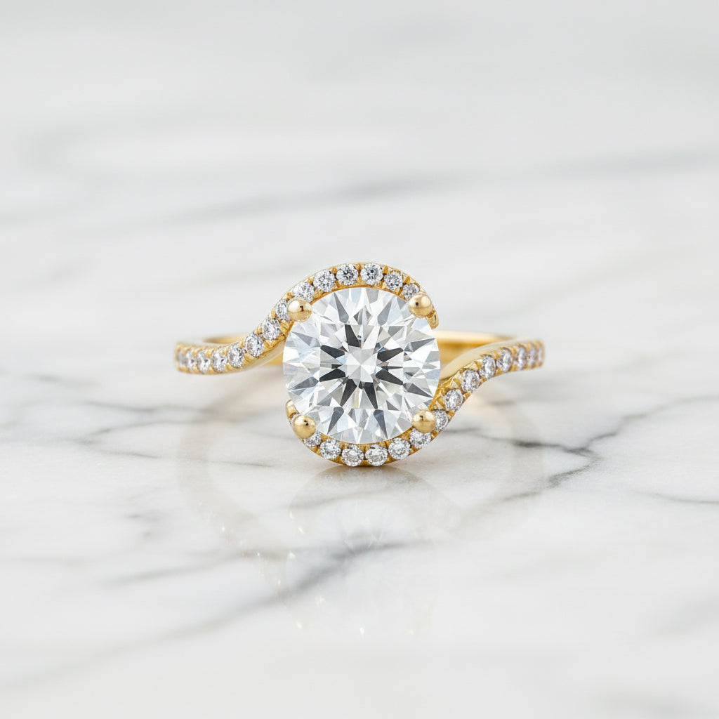 diamond moissanite engagement ringon a marble surface