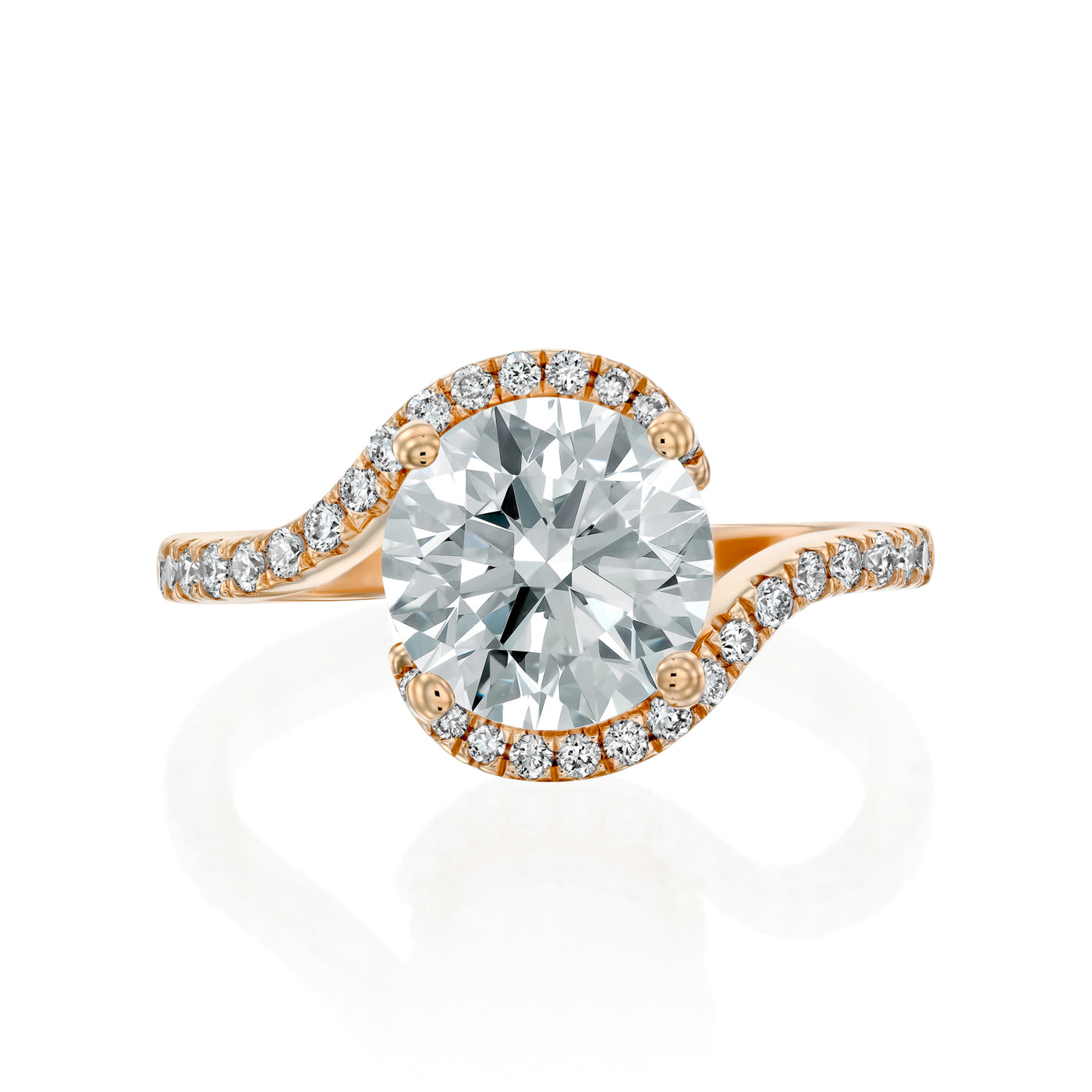 Rose gold Moissanite ring with a diamond halo on a white background