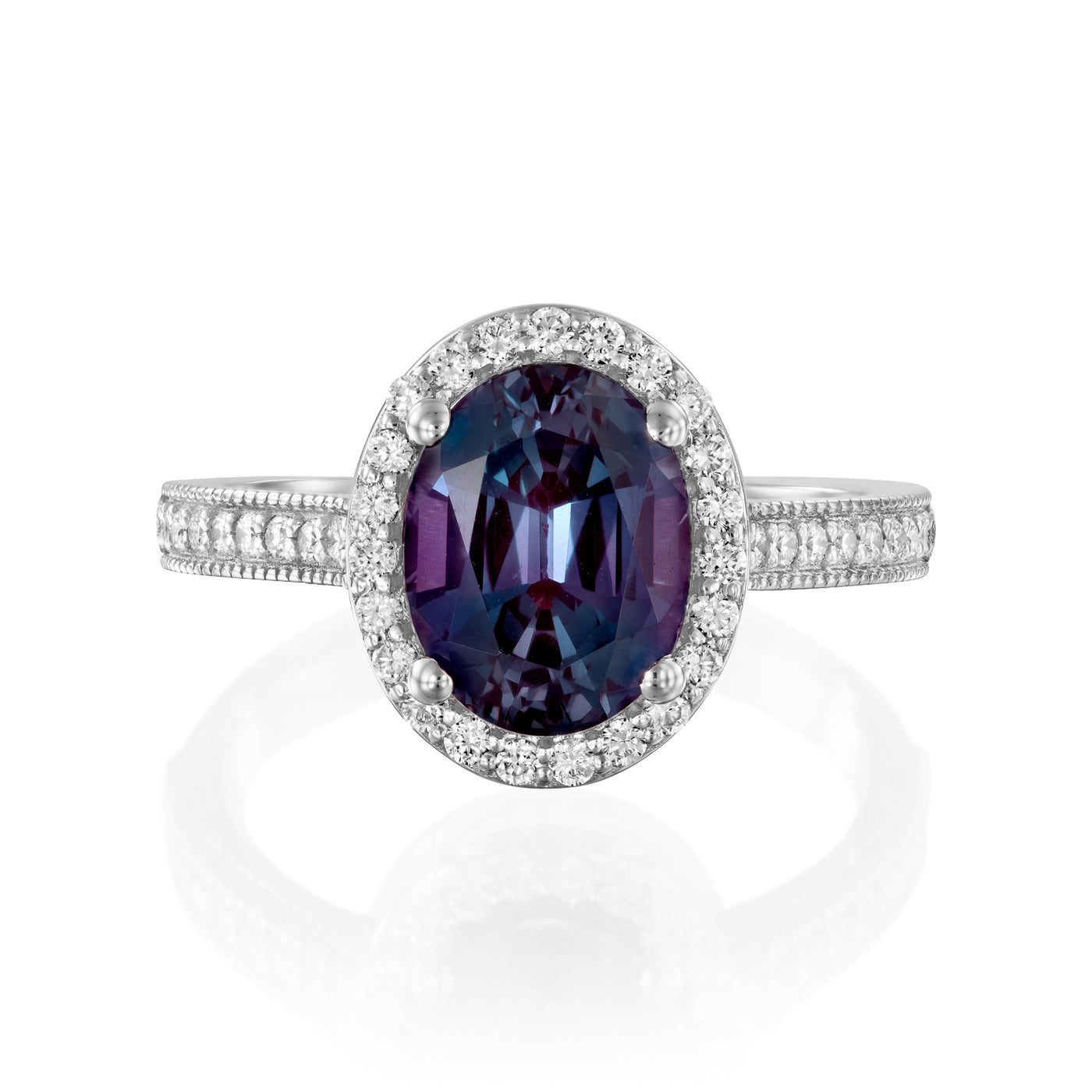White gold alexandrite diamond ring on a white background 