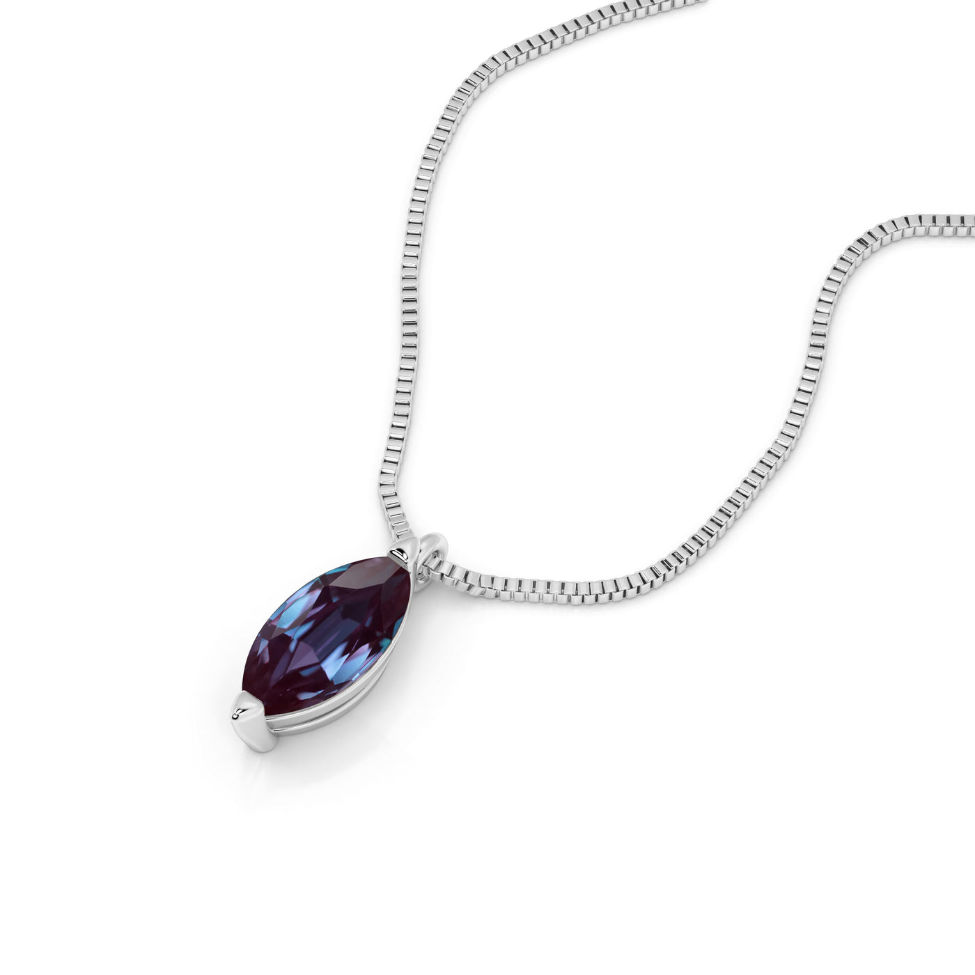 white gold necklace with a purple gemstone pendant on a white background