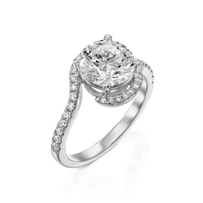 White gold ring with a gra moissanite and smaller diamonds on the band in a halo design against a white background
