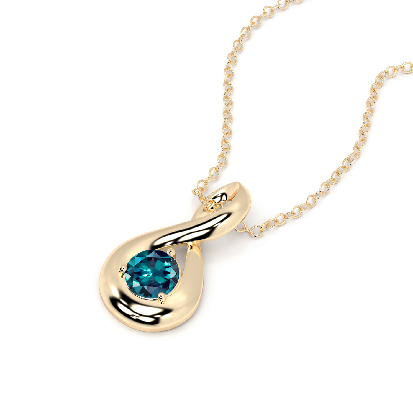 Gold necklace with a blue gemstone pendant on a white background