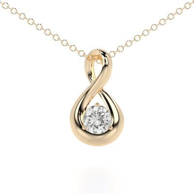 yellow Gold infinity pendant with a diamond on a white background