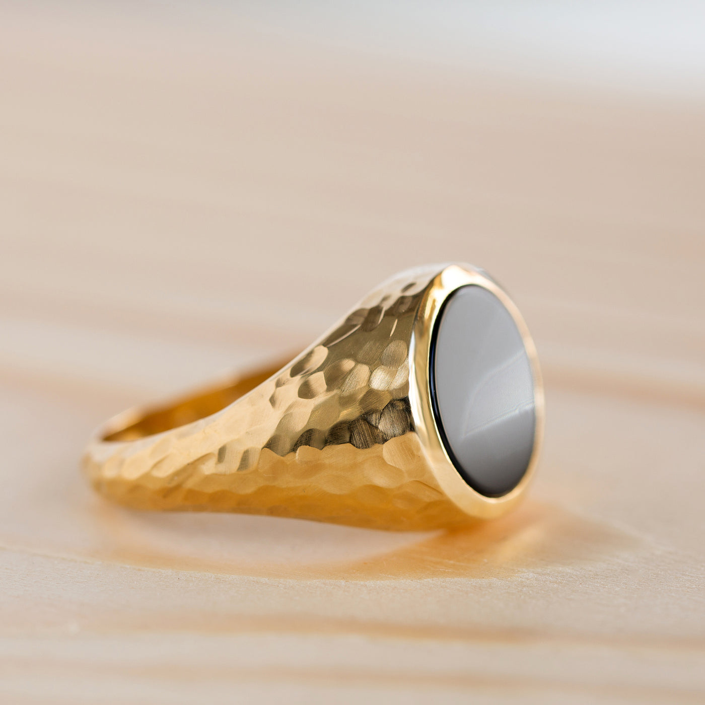 Leo | Hammered Onyx Gold Signet Ring