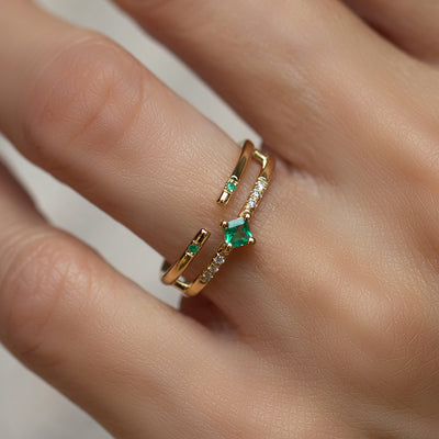 This is a unique Emerald and Diamonds engagement ring, set with Emerald and white Diamonds in a 14K/18K gold band, the perfect alternative boho wedding ring.