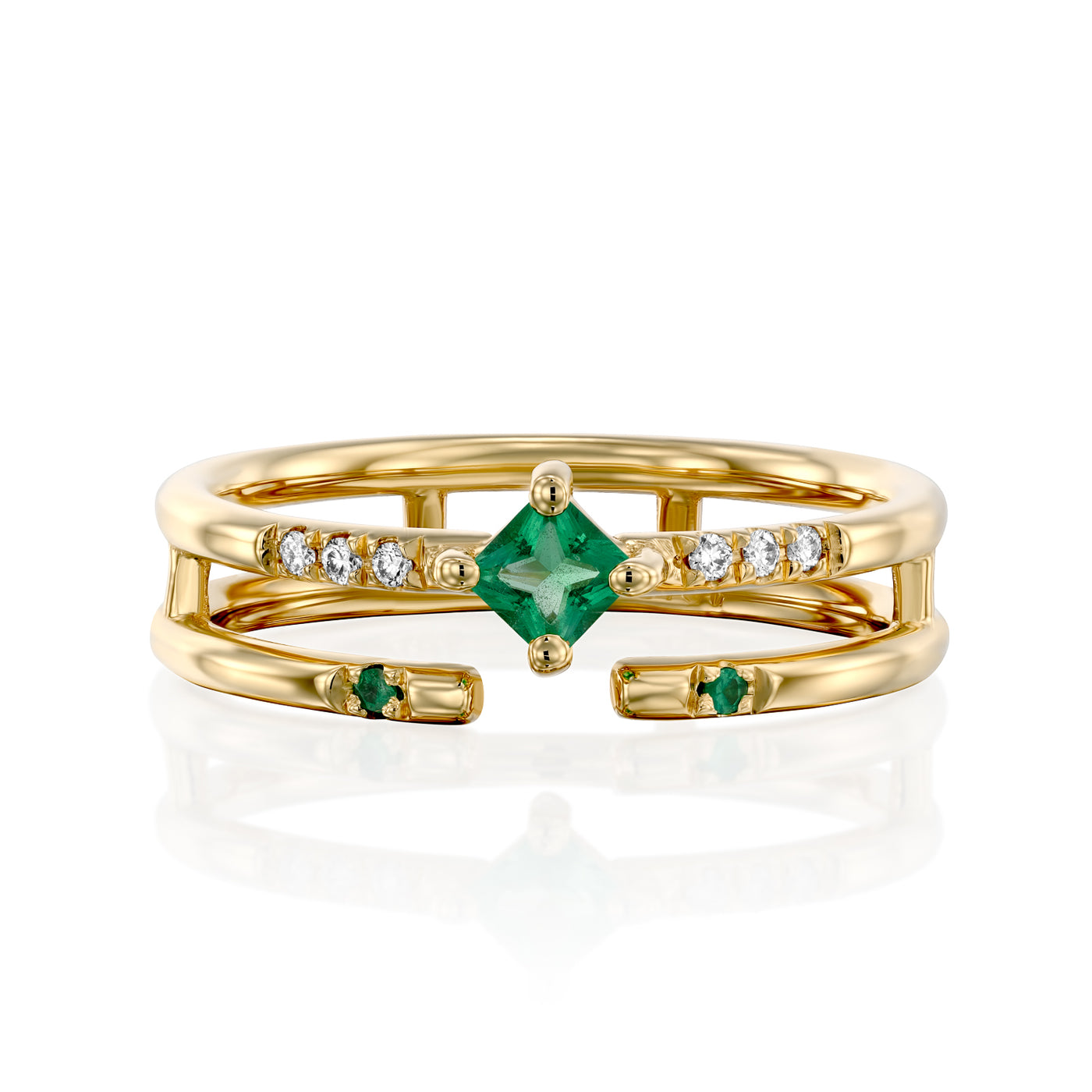 This is a unique Emerald and Diamonds engagement ring, set with Emerald and white Diamonds in a 14K/18K gold band, the perfect alternative boho wedding ring.