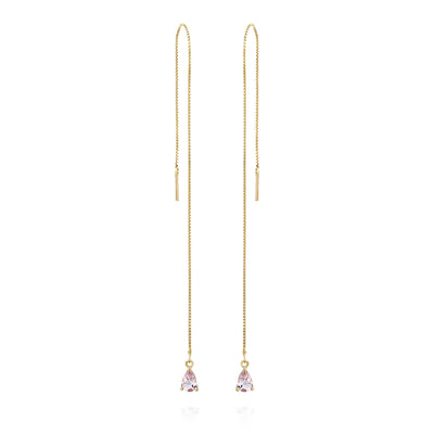These dainty 14K solid gold wedding earrings are the perfect Morganite pink chain dangle threader earrings.