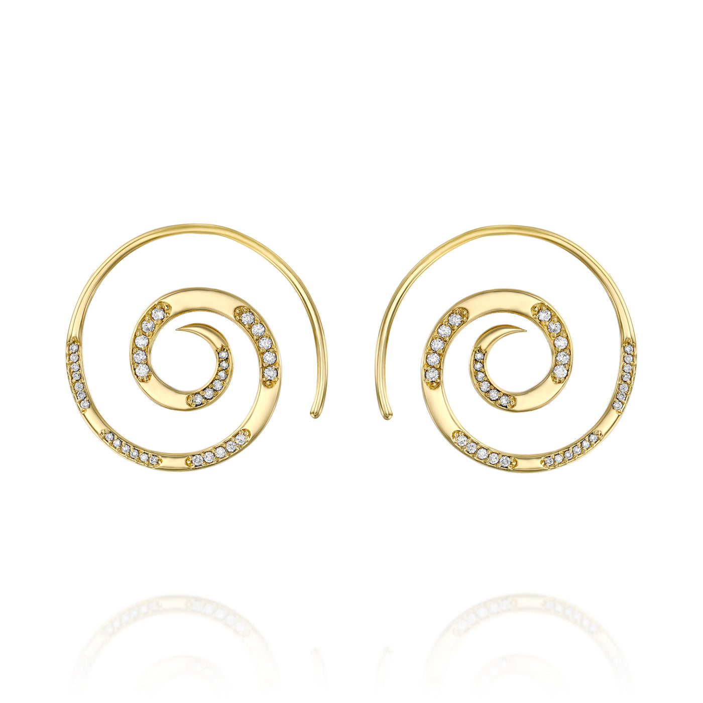 Our 14K gold and diamonds spiral earrings feature a stunning boho swirl tribal design, the perfect unique hoop earrings.