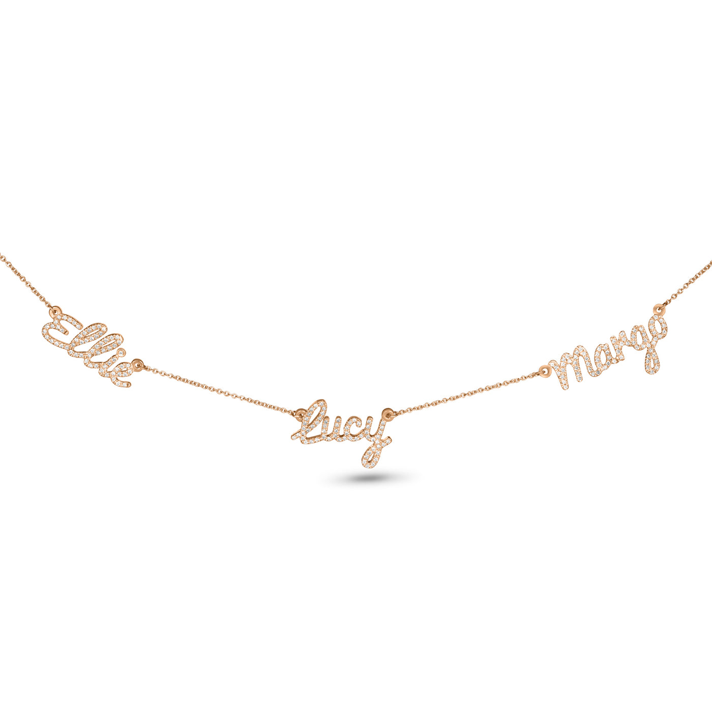 Personalized Gold Diamond Name Necklace with multiple names in 14k rose gold,  a stunning push present necklace