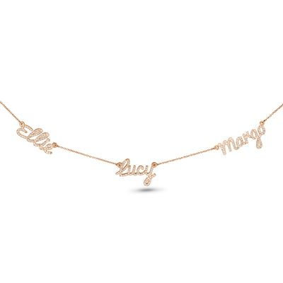 Personalized Gold Diamond Name Necklace with multiple names in 14k rose gold,  a stunning push present necklace