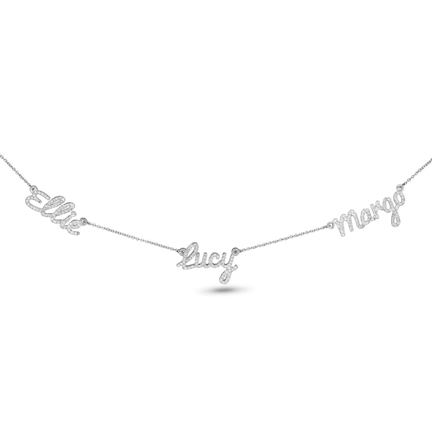 Personalized Gold Diamond Name Necklace with multiple names in 14k white gold,  a stunning push present necklace