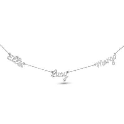 Personalized Gold Diamond Name Necklace with multiple names in 14k white gold,  a stunning push present necklace