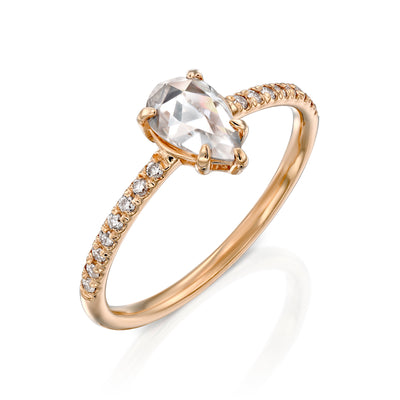 This is a stunning rose-cut moissanite engagement ring with a pave of white diamonds, the perfect pear-cut bridal ring, set with Moissanite and natural diamonds in 14K/18K solid gold.