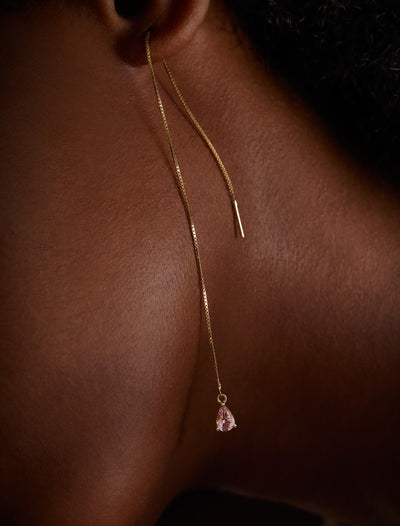 These dainty 14K solid gold wedding earrings are the perfect Morganite pink chain dangle threader earrings.