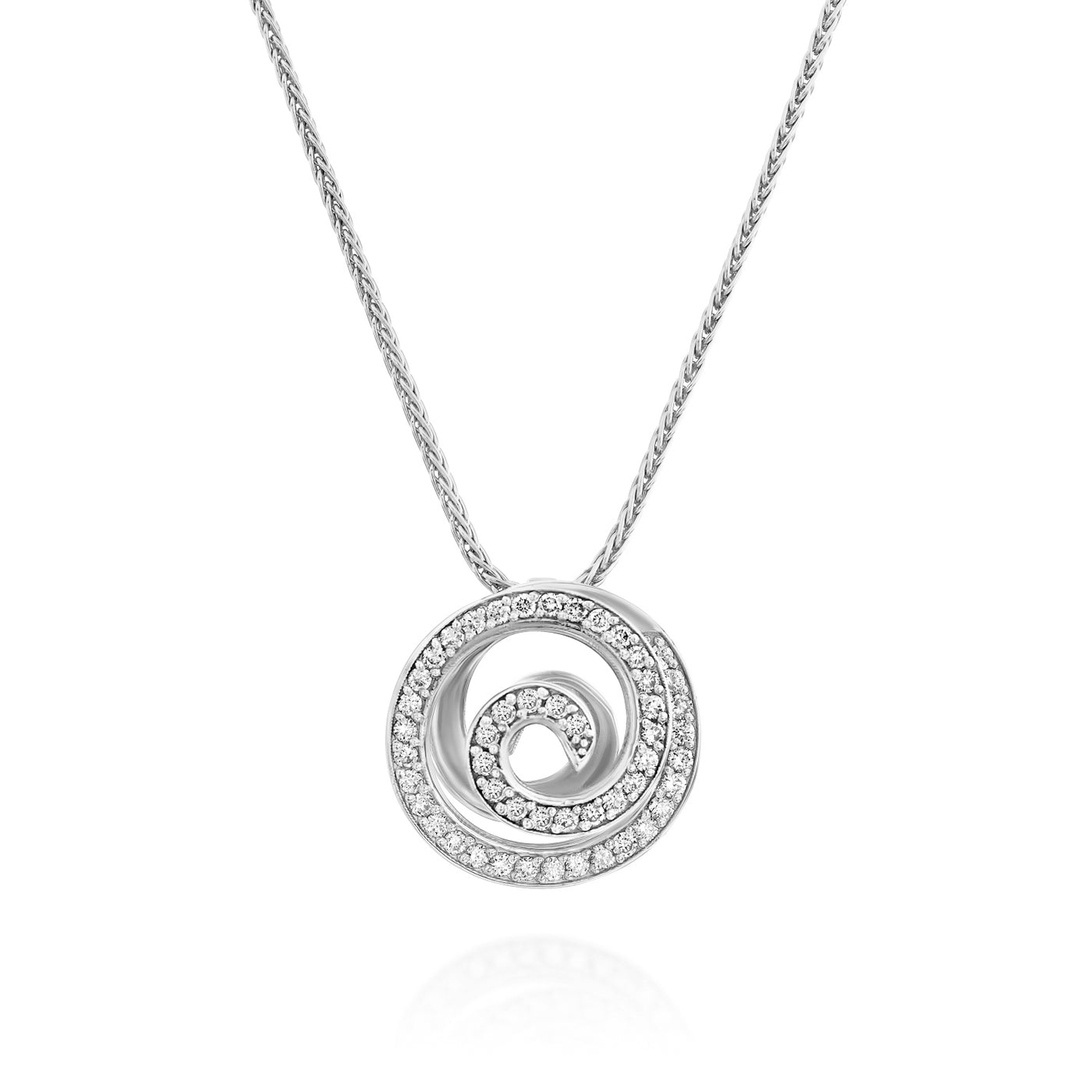 This is a unique Diamond long necklace, featuring a 14K gold spiral, pave set with white diamonds, the perfect swirl pendant.