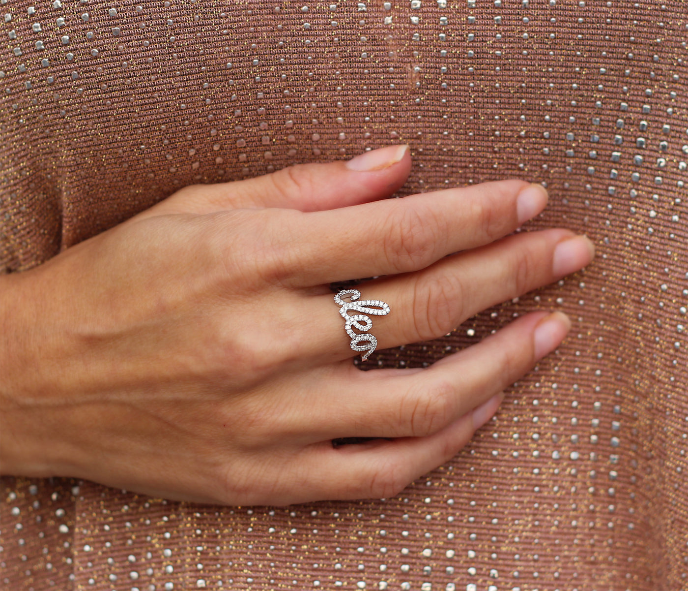 women wearing a Personalized 14k Gold Diamond Double Name Ring in white gold