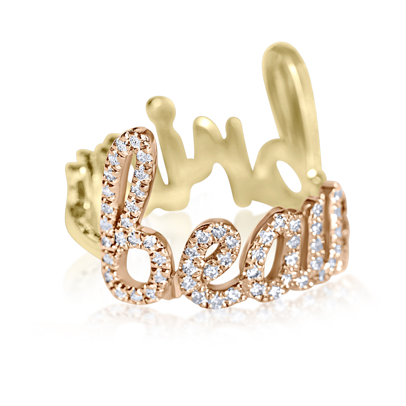 The perfect mom gold ring, a custom name ring with two names in 14K gold and diamonds