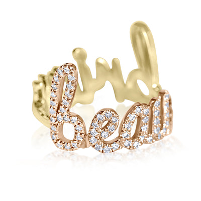 The perfect mom gold ring, a custom name ring with two names in 14K gold and diamonds