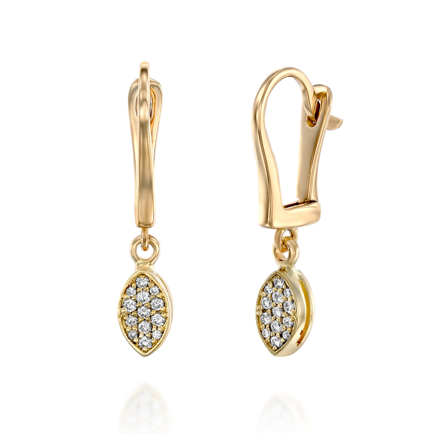 These minimalist solid 14K gold diamond charm dangle earrings are the perfect bridal marquise solid gold drop earrings.